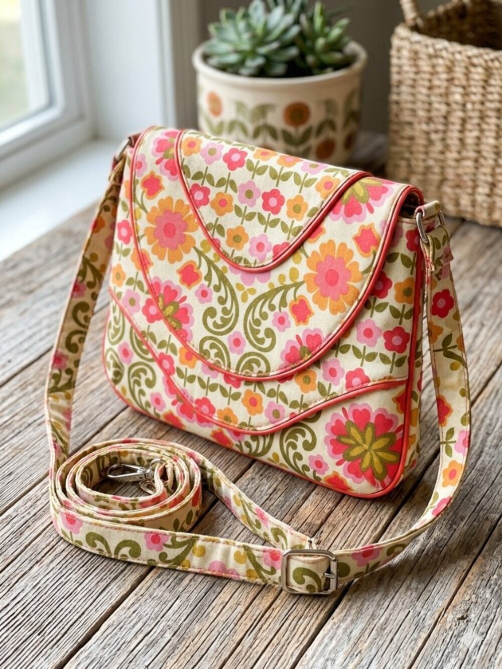 Vera Bradley Folkloric Floral Retro Pink Orange 100% Cotton Crossbody